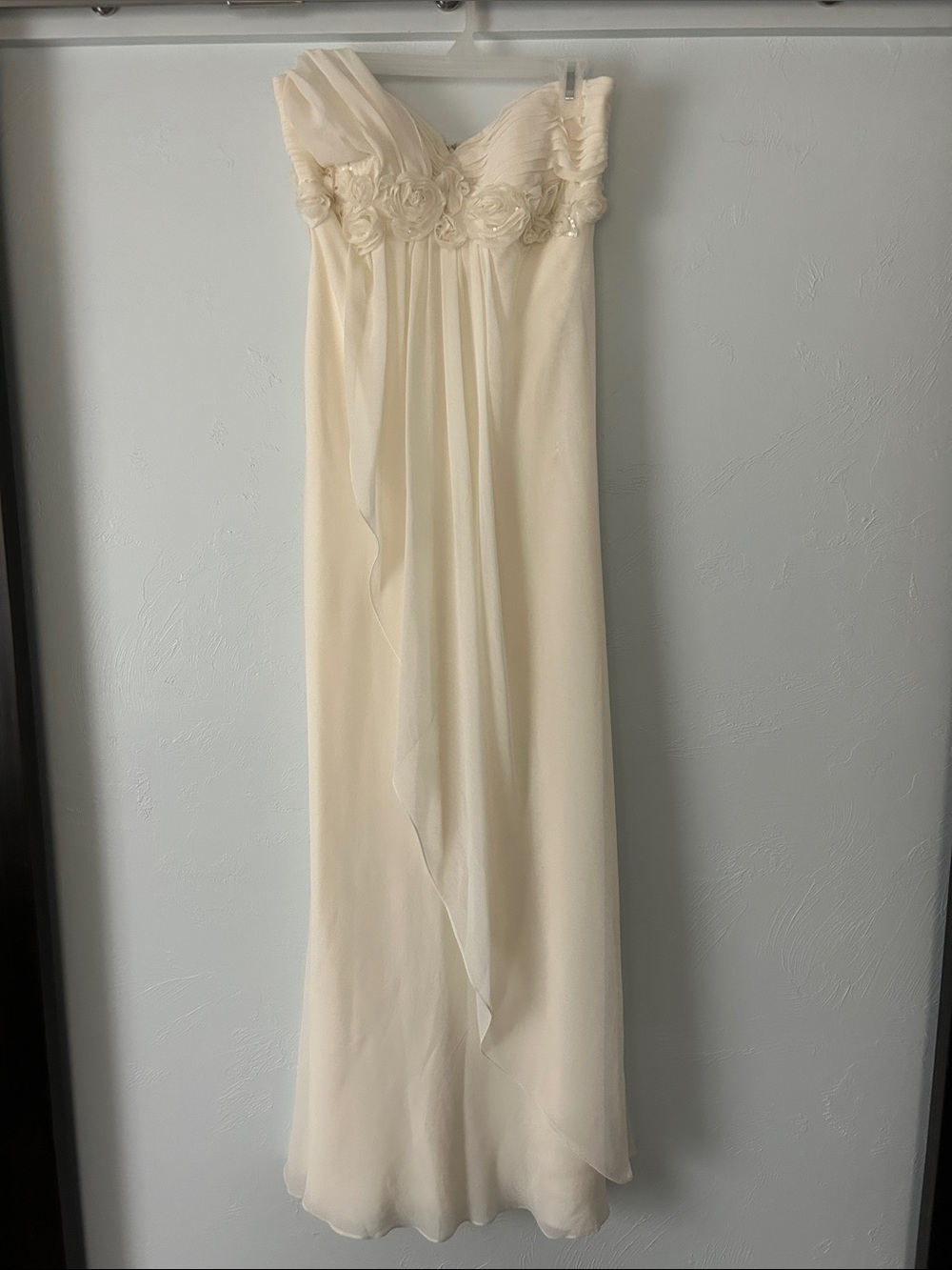 LM Collection Strapless One Shoulder Ivory Floral-Appliqué Gown